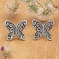 Sterling silver stud earrings, 'Gianyar Butterfly' - Butterfly-Themed Traditional Sterling Silver Stud Earrings