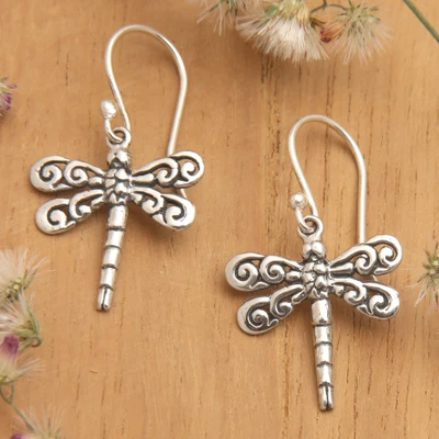 Sterling silver dangle earrings, 'Dragonfly Garden' - 925 Silver Dragonfly Dangle Earrings with Openwork Accents