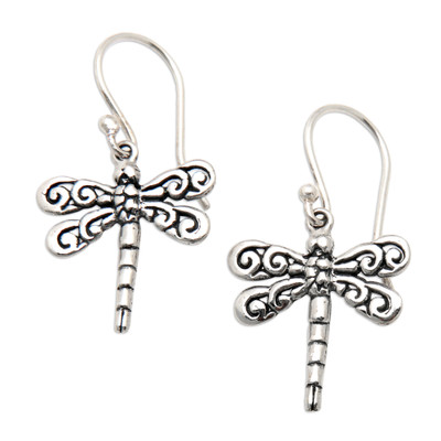 Sterling silver dangle earrings, 'Dragonfly Garden' - 925 Silver Dragonfly Dangle Earrings with Openwork Accents