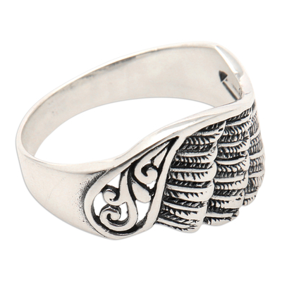 Sterling silver band ring, 'Mighty Wing' - Sterling Silver Band Ring with Wing Motif & Openwork Accent