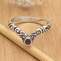 Garnet single stone ring, 'Crown Melody' - Garnet Sterling Silver Single Stone Ring with Balinese Motif