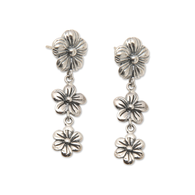 Sterling silver dangle earrings, 'String of Flowers' - Floral Themed Sterling Silver Dangle Earrings Made in Bali