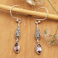 Amethyst dangle earrings, 'Purple Fashion' - Amethyst Sterling Silver Dangle Earrings with Balinese Motif