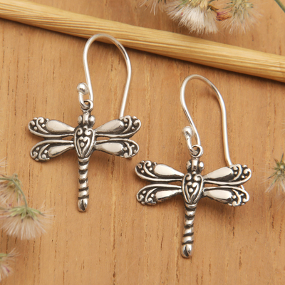 Sterling silver dangle earrings, 'Ancient Dragonfly' - Sterling Silver Dragonfly Dangle Earrings from Bali
