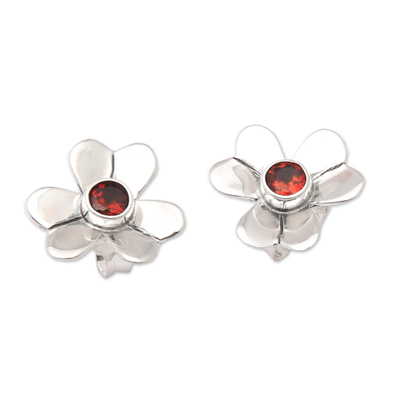 Garnet button earrings, 'Symmetrical Flower' - Sterling Silver Floral Button Earrings with Garnet Stone