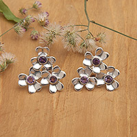 Pendientes de botón de amatista, 'Symphony of Blooms' - Pendientes de botón floral de plata de ley con piedra de amatista