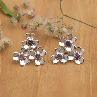 Amethyst button earrings, 'Symphony of Blooms' - Sterling Silver Floral Button Earrings with Amethyst Stone