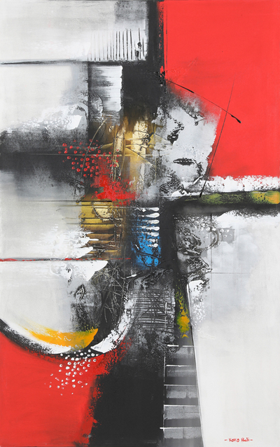 'Traditional Bali' - Signed Unstretched Abstract Painting in Red and Black Hues