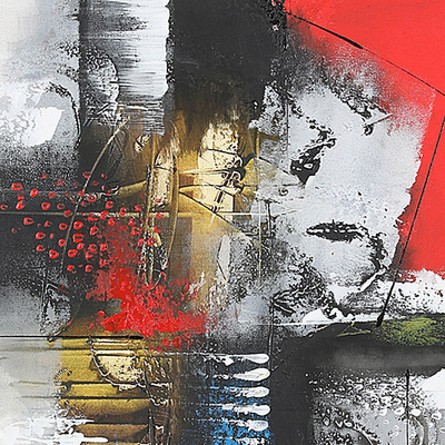 'Traditional Bali' - Signed Unstretched Abstract Painting in Red and Black Hues