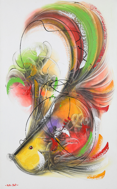 'Pez Koi' - Pintura acrílica abstracta sin estirar firmada de peces koi