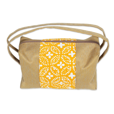Batik cotton cosmetic bag, 'Goldenrod Petals' - Brown Yellow Cotton Cosmetic Bag with Batik Motif & Handles