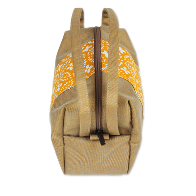 Neceser de algodón batik - Neceser de algodón marrón amarillo con motivo batik y asas