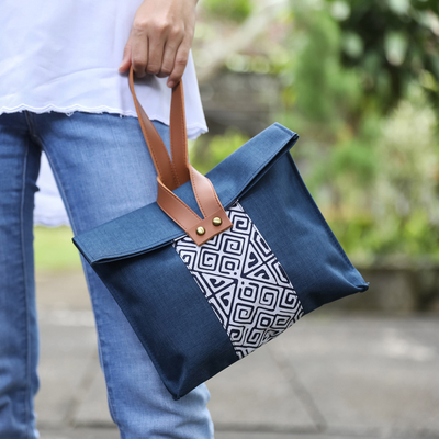 Cotton Tote Bag in Navy Blue with Geometric Batik Motifs - Midnight ...