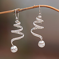 Cultured pearl dangle earrings, 'Beautiful Spins' - Modern Sterling Silver Dangle Earrings with White Pearls