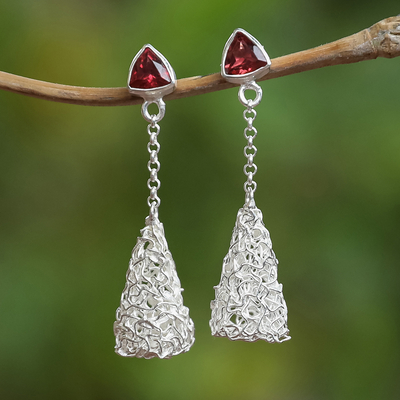 Garnet dangle earrings, 'Nest of Passion' - Minimalist Sterling Silver Dangle Earrings with Garnet Gems
