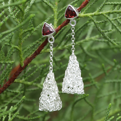 Garnet dangle earrings, 'Nest of Passion' - Minimalist Sterling Silver Dangle Earrings with Garnet Gems