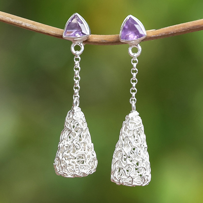 Amethyst dangle earrings, 'Nest of Wisdom' - Modern Sterling Silver Dangle Earrings with Amethyst Gems