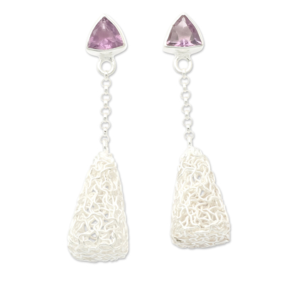Amethyst dangle earrings, 'Nest of Wisdom' - Modern Sterling Silver Dangle Earrings with Amethyst Gems