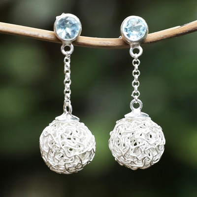 Blue topaz dangle earrings, 'Blue Nesting Ball' - Modern Sterling Silver Dangle Earrings with Blue Topaz Gems