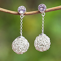 Amethyst dangle earrings, 'Purple Nesting Ball' - Modern Sterling Silver Dangle Earrings with Amethyst Gems