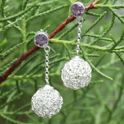 Amethyst dangle earrings, 'Purple Nesting Ball' - Modern Sterling Silver Dangle Earrings with Amethyst Gems