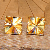 Gold-plated button earrings, 'Knotted Squares' - Modern Textured Square 18k Gold-Plated Button Earrings