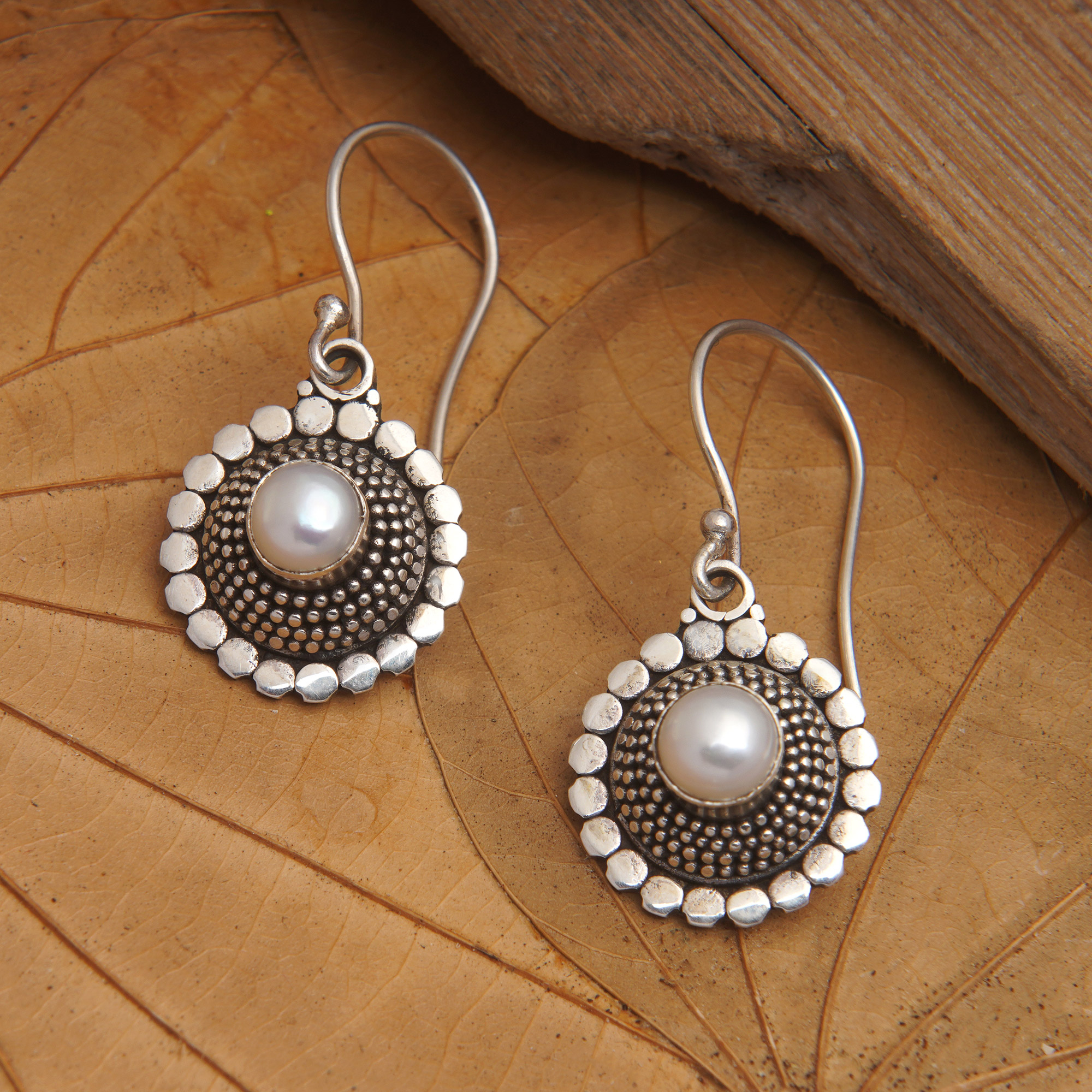 Round Sterling Silver Dangle Earrings with Cultured Pearls - Ancestral Core