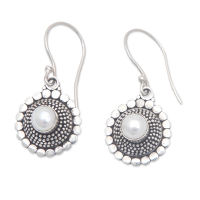 Cultured pearl dangle earrings, 'Ancestral Core' - Round Sterling Silver Dangle Earrings with Cultured Pearls