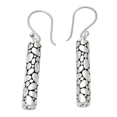 Sterling silver dangle earrings, 'Bubble Empress' - Bubble-Patterned Cylindrical Sterling Silver Dangle Earrings