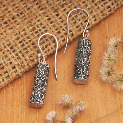 Sterling silver dangle earrings, 'Balinese Pillars' - Traditional Cylindrical Sterling Silver Dangle Earrings