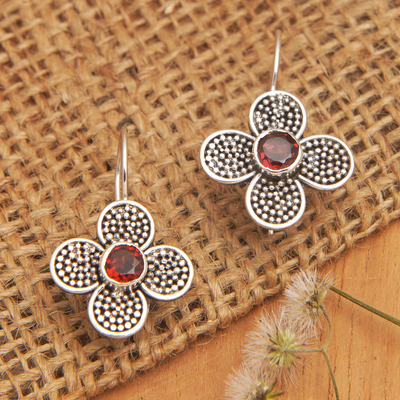 Garnet drop earrings, 'Spring of Perseverance' - Floral Sterling Silver Drop Earrings with Garnet Jewels