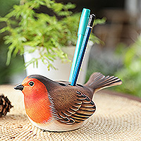 Wood pen holder, 'Nesting Robin' - Suar Wood Robin Bird Pen Holder Carved and Painted by Hand
