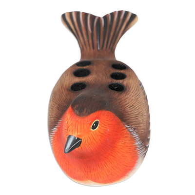 Wood pen holder, 'Nesting Robin' - Suar Wood Robin Bird Pen Holder Carved and Painted by Hand