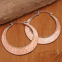 Rose gold-plated hoop earrings, 'Dulcet Sunrise' - Hammered Round 18k Rose Gold-Plated Hoop Earrings from Bali