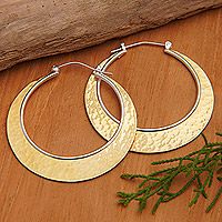 Gold-plated hoop earrings, 'Palatial Sunrise' - Hammered Round 22k Gold-Plated Hoop Earrings from Bali