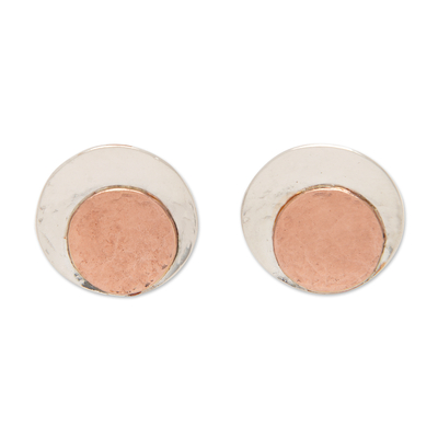Rose gold-accented button earrings, 'Dulcet Nimbus' - Round 18k Rose Gold-Accented Sterling Silver Button Earrings