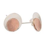 Rose gold-accented button earrings, 'Dulcet Nimbus' - Round 18k Rose Gold-Accented Sterling Silver Button Earrings