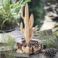 Wood sculpture, 'The Cactus' - Handcrafted Wood Cactus Sculpture with Mushroom-Like Base