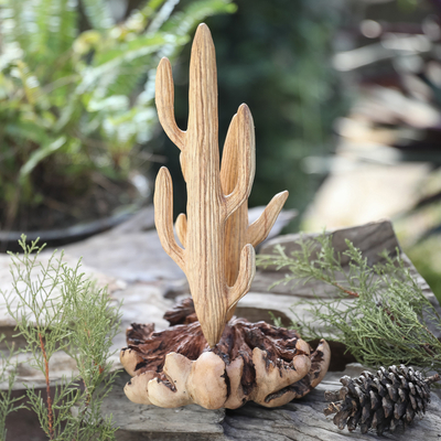 Wood sculpture, 'The Cactus' - Handcrafted Wood Cactus Sculpture with Mushroom-Like Base