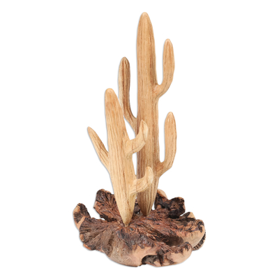 Holzskulptur - Handgefertigte Kaktusskulptur aus Holz mit pilzartigem Sockel