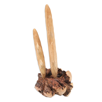 Escultura de madera - Escultura de cactus de madera hecha a mano con base similar a un hongo