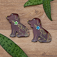 Wood magnets, 'Paradisial Puppies' (set of 2) - Set of 2 Hand-Painted Floral Dog-Shaped Wood Magnets