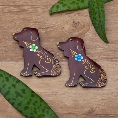 Wood magnets, 'Paradisial Puppies' (set of 2) - Set of 2 Hand-Painted Floral Dog-Shaped Wood Magnets