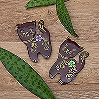 Imanes de madera, 'Paradisial Kittens' (juego de 2) - Juego de 2 imanes de madera florales en forma de gato pintados a mano