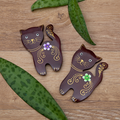 Wood magnets, 'Paradisial Kittens' (set of 2) - Set of 2 Hand-Painted Floral Cat-Shaped Wood Magnets