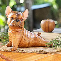 Wood figurine, 'Stretching Brown Bulldog'