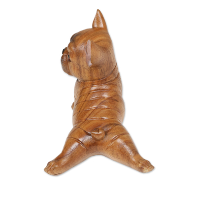 Wood figurine, 'Stretching Brown Bulldog' - Hand-Carved Suar Wood Figurine of Stretching Brown Bulldog