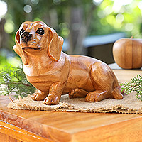 Wood figurine, 'Happy Brown Dachshund' - Hand-Carved Wood Figurine of Stretching Brown Dachshund