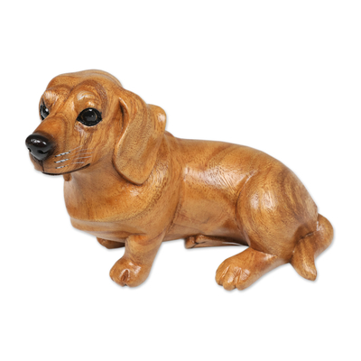 Wood figurine, 'Happy Brown Dachshund' - Hand-Carved Wood Figurine of Stretching Brown Dachshund