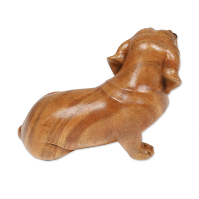 Wood figurine, 'Happy Brown Dachshund' - Hand-Carved Wood Figurine of Stretching Brown Dachshund